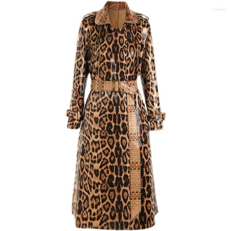 Women's Trench Coats Long Coat Women Autumn Winter Fashion Snakeskin Leopard Pattern Belt Sleeve Cardigan Woman Windbreaker Jack P595