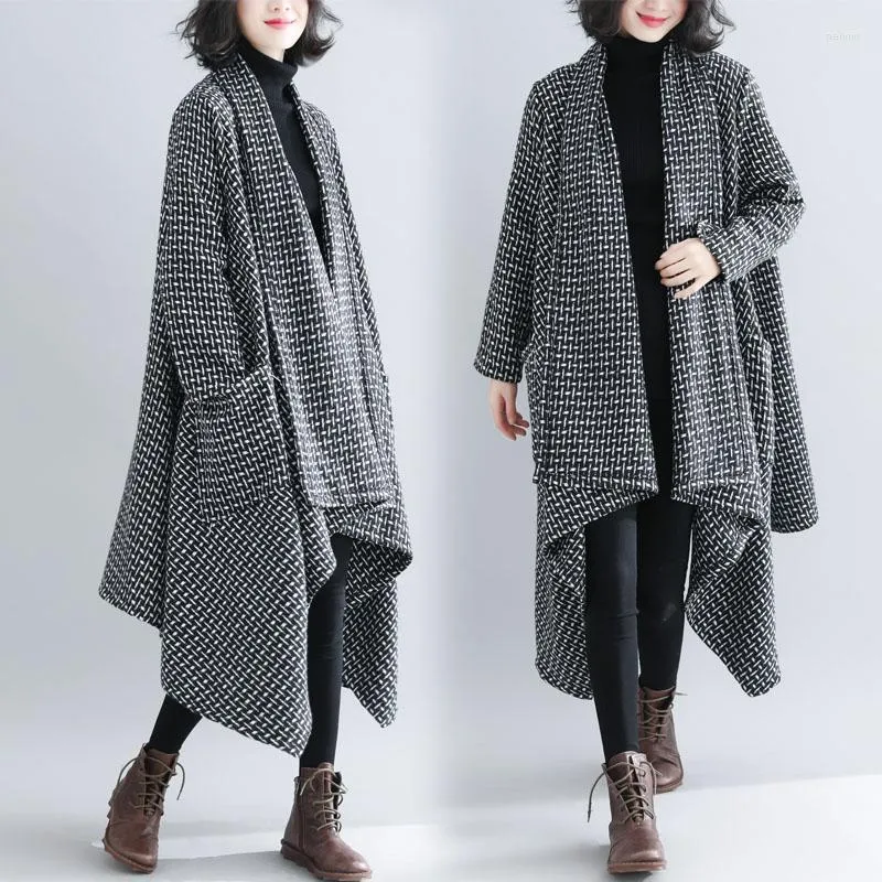 Płaszcze damskie płaszcze plus size damskie 2022 jesienne zimowe houndstooth tweed wełna długie wietrzne wietrzne topy kardigan samica 5605