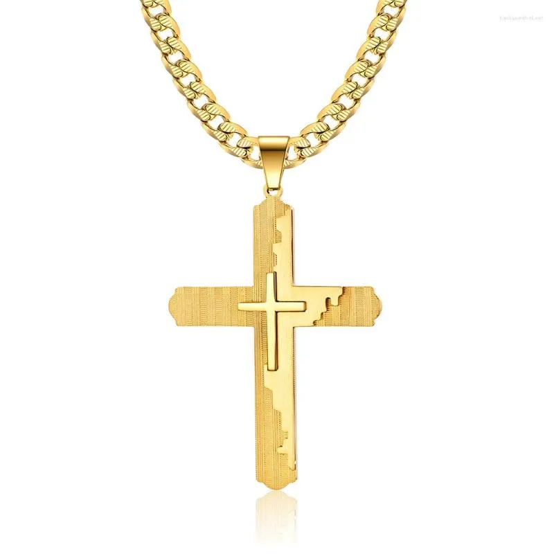 Pendant Necklaces Cross Street Style Three-layer Exaggerated Gold-plated Cuban Chain Titanium Steel Necklace