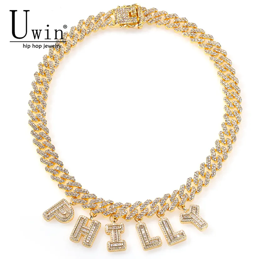 H￤nghalsband uwin anpassade namn s-link miami kubansk l￤nk 12mm brev halsband kedja full bling punk collar bling glamour hiphop smycken 221026