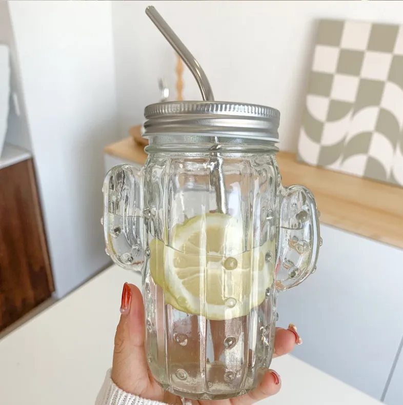 Cactusvorm van tuimelaars Glas Mason Jar met handgreepgradiënt Glazen thermische overdracht waterfles kleurrijke gesublimeerde bekers 450 ml