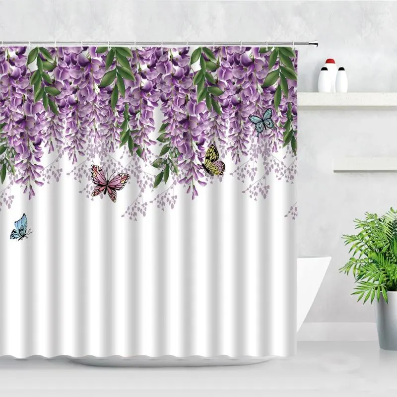 Cortinas de chuveiro Cortina branca floral FLORE 3D FLORE BORTURAÇÃO LAVENDA VERDE PLANT BAIO Decoração de banheiro à prova d'água Acessórios para banheiros de poliéster