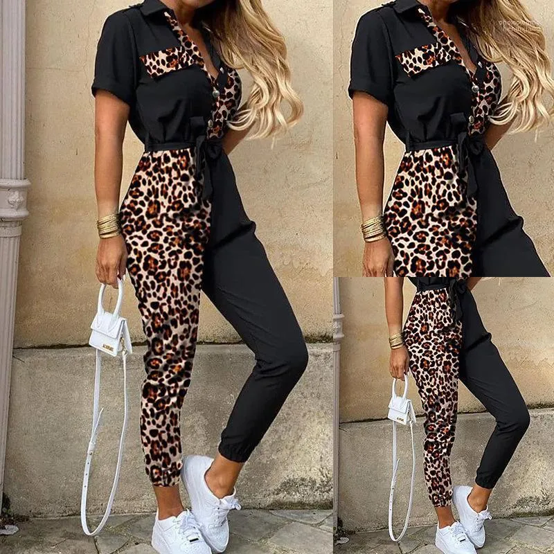 Kvinnors jumpsuits Kvinnor Rompers Style Casual Lapel Belt Tooling Streetwear Polyester Leopard Print Drawstring Elastic Ficka