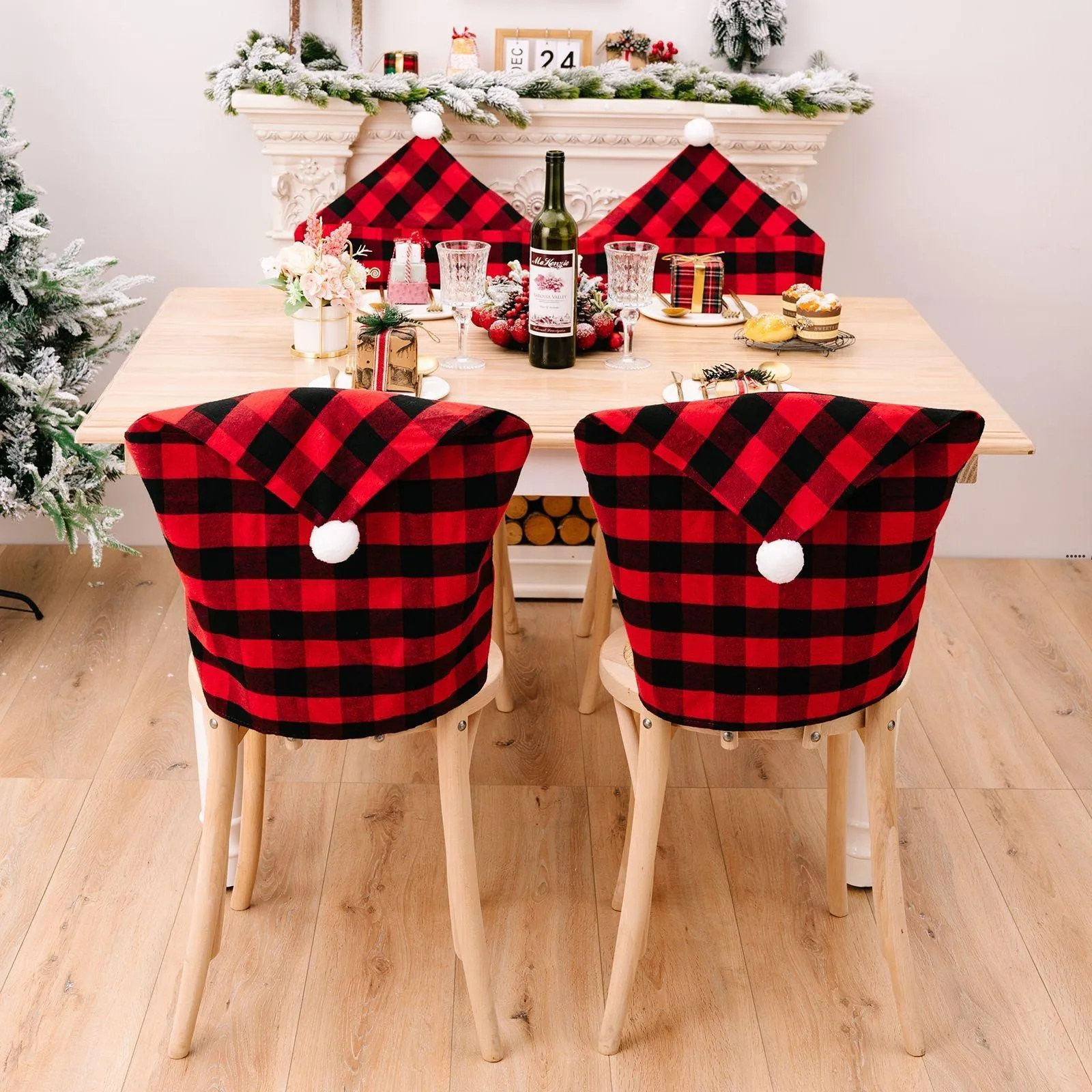 Christmas Santa Hat Covers Buffalo Plaid Table Foteel Stoli Frutcovers Wakacyjny wystrój domu JNC156