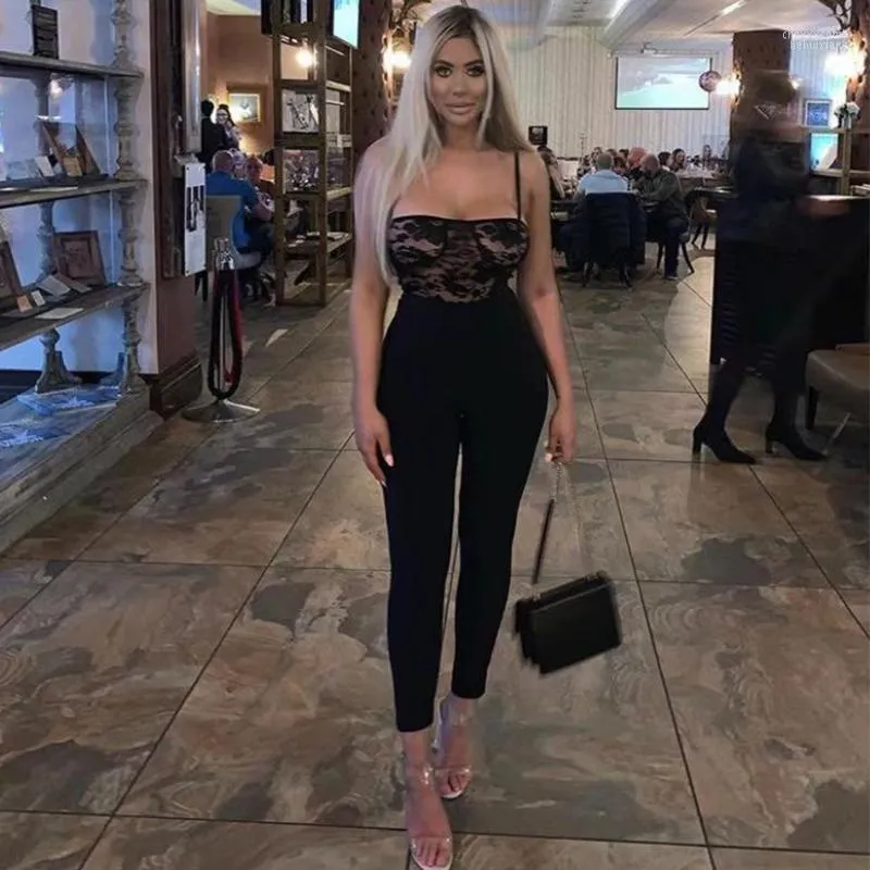 Women's Jumpsuits Women's & Rompers 2022 Celebrity Party Bandage Jumpsuit Women Spaghetti Strap Lace Strapless Sexy Nightclub Bodycon