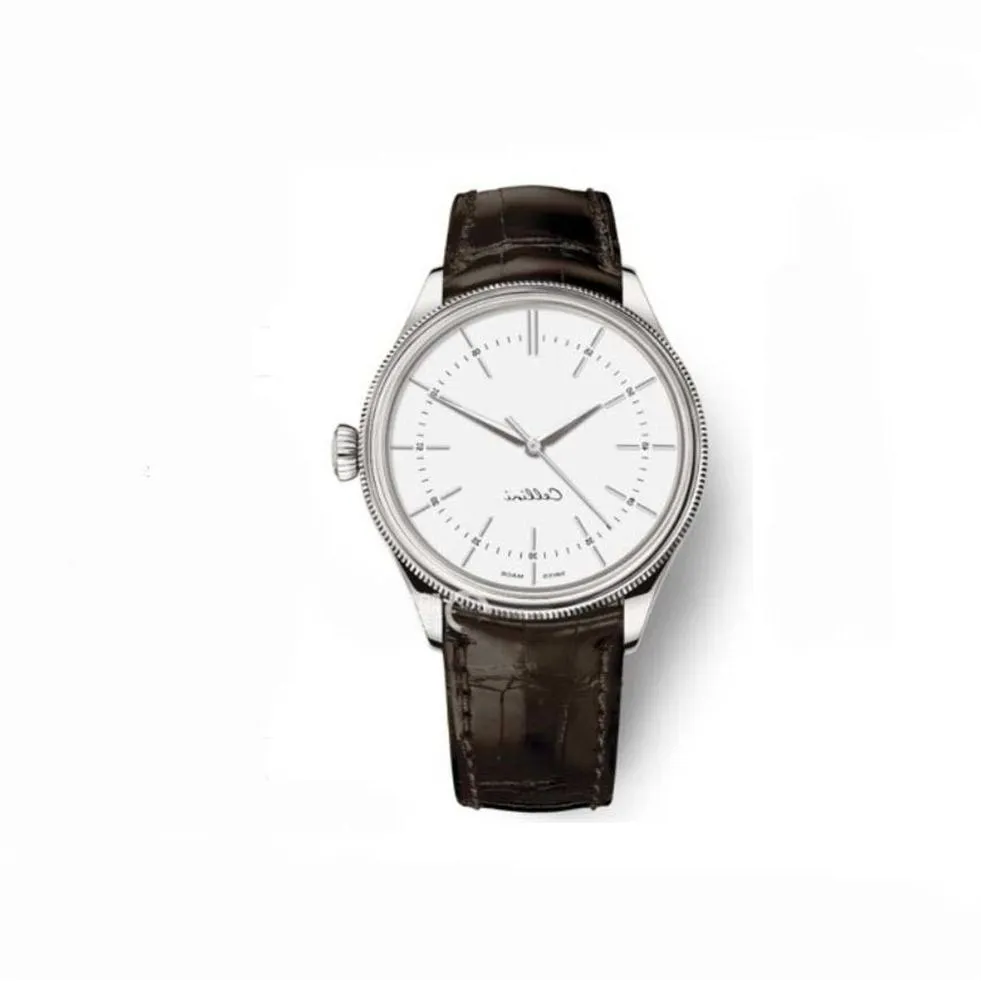 Mens Watches Cellini 50505 시리즈 실버 기계식 시계 브라운 가죽 스트랩 화이트 다이얼 자동 남성 시계 남성 손목 시계 2779
