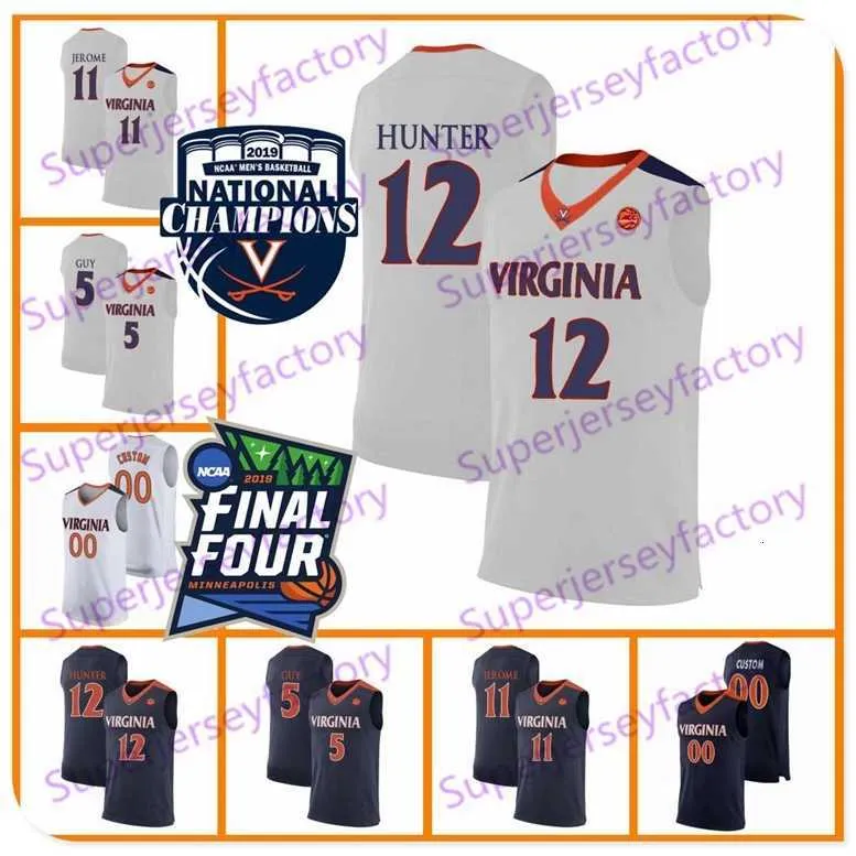 2019 Champions Virginia Kyle Guy White Jersey #5 UVa Finale vier #12 De'Andre Hunter Mens Basketball Navy Blue Jerseys