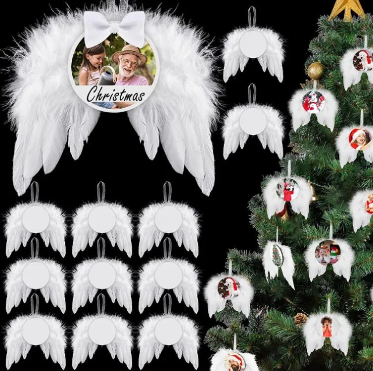Jul vit ängelvingar prydnad hängande fjäder hängande dekor med sublimering tomma mdf hängen för Xmas träd hantverk ängelvingar diy sn5011