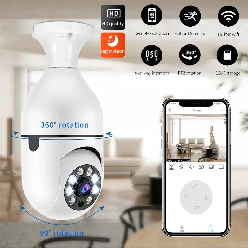 Wifi E27 Lampadina Videocamera di sorveglianza Full Color 1080P Wireless 360 Ruota Zoom digitale 4X Videocamera di sicurezza Visione notturna Tracciamento umano automatico