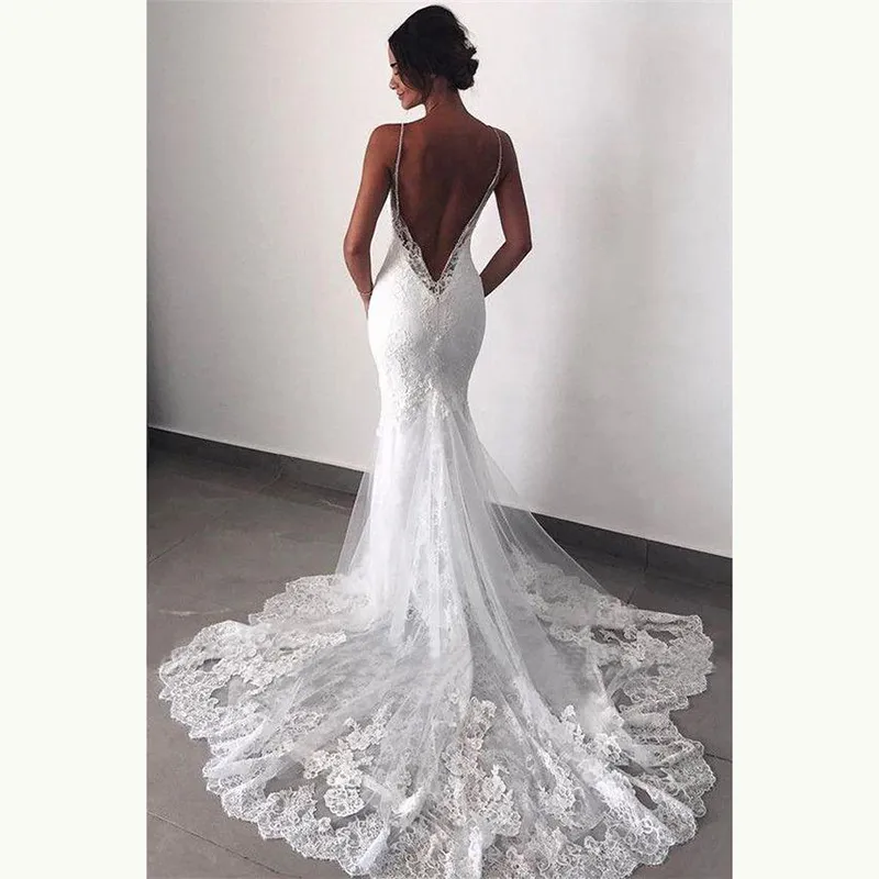 Charmante robe de mariée sirène blanche en dentelle, dos nu, bretelles Spaghetti appliquées, robe de mariée formelle