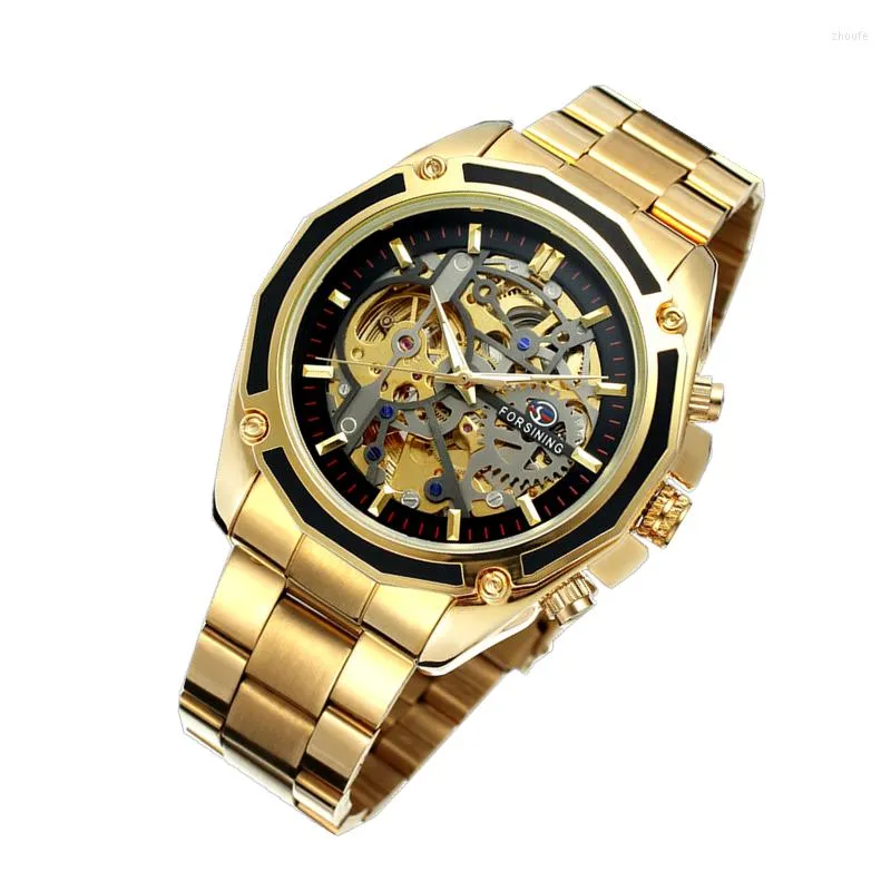 Polshorloges Forsining Men's Watch Gold Skeleton Stainless Steel Automatic Mechanical Watches Man Clocks