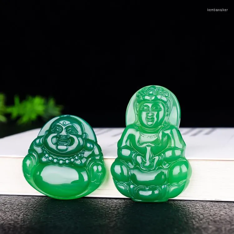 Anhänger Halsketten Natürliche grüne Jade Halskette handgeschnitzte Frauen Männer Buddha und Göttin der Barmherzigkeit Anhänger Schmuck