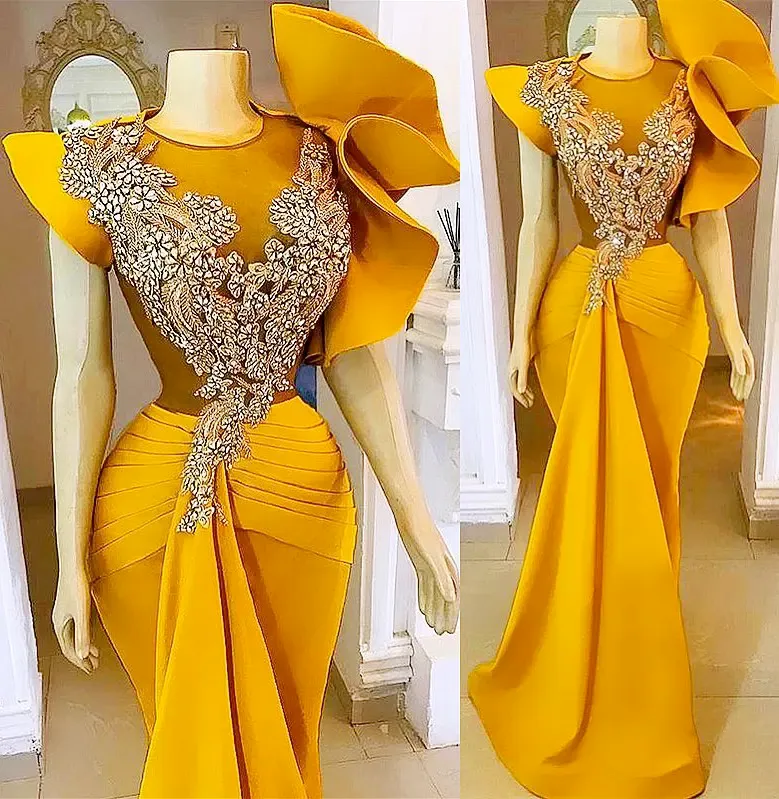 Size Arabic Plus Aso Ebi Yellow Mermaid Stylish Prom Dresses Lace Beaded Crystals Evening Formal Party Second Reception Bridesmaid Gowns Dress Zj336