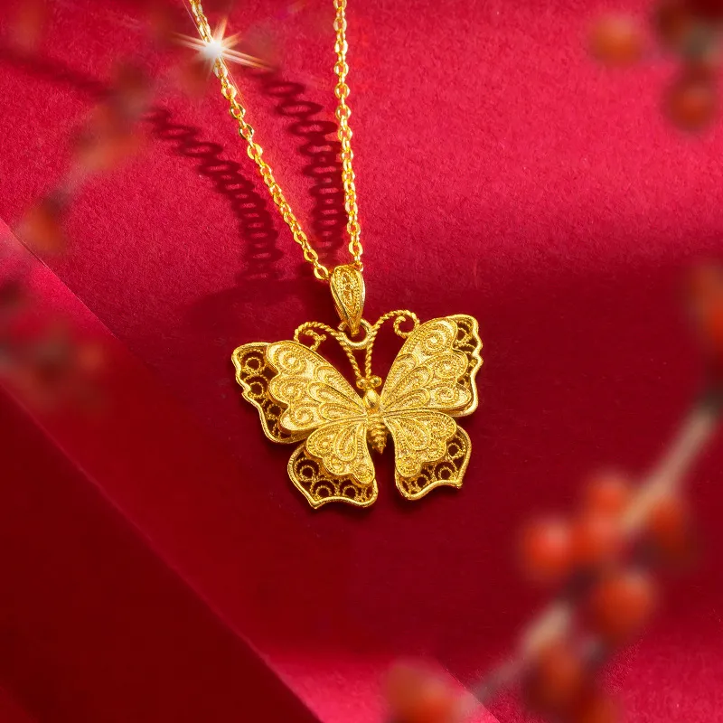 Cadena con colgante de mujer en forma de mariposa de filigrana, oro amarillo de 18 quilates, clásico, hermoso, bonito regalo de joyería