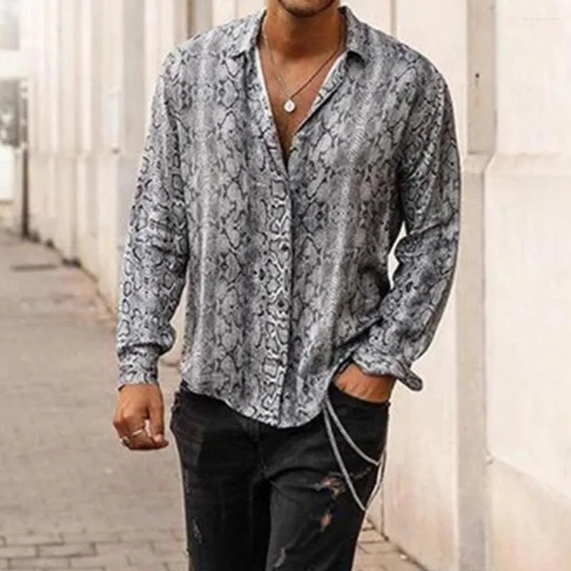 Erkekler Sıradan Gömlek Erkek Yılan Baskı Kavur Düğmesi Up Gömlek Uzun Kollu Nefes Alabilir Polyester T-Shirt Günlük Giyim İçin Cilt Dostu Bluz