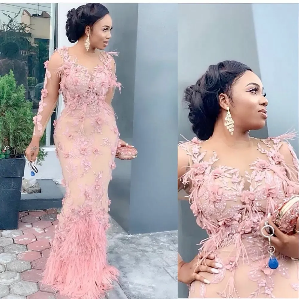 Pink Aso Ebi Arabisch luxuriöser Spitze Perlen Abendkleider Feather Meerjungfrau Langarm Kleid Kristallperlen formelle Party zweite Empfangskleider