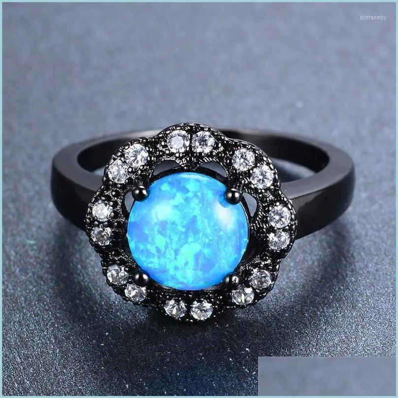 Bagues De Mariage Anneaux De Mariage Boho Femelle Bleu Opale De Feu Anneau Vintage 14Kt Croix En Or Noir Pour Les Femmes Promise Ronde Fleur Amour Engager Dhg3O