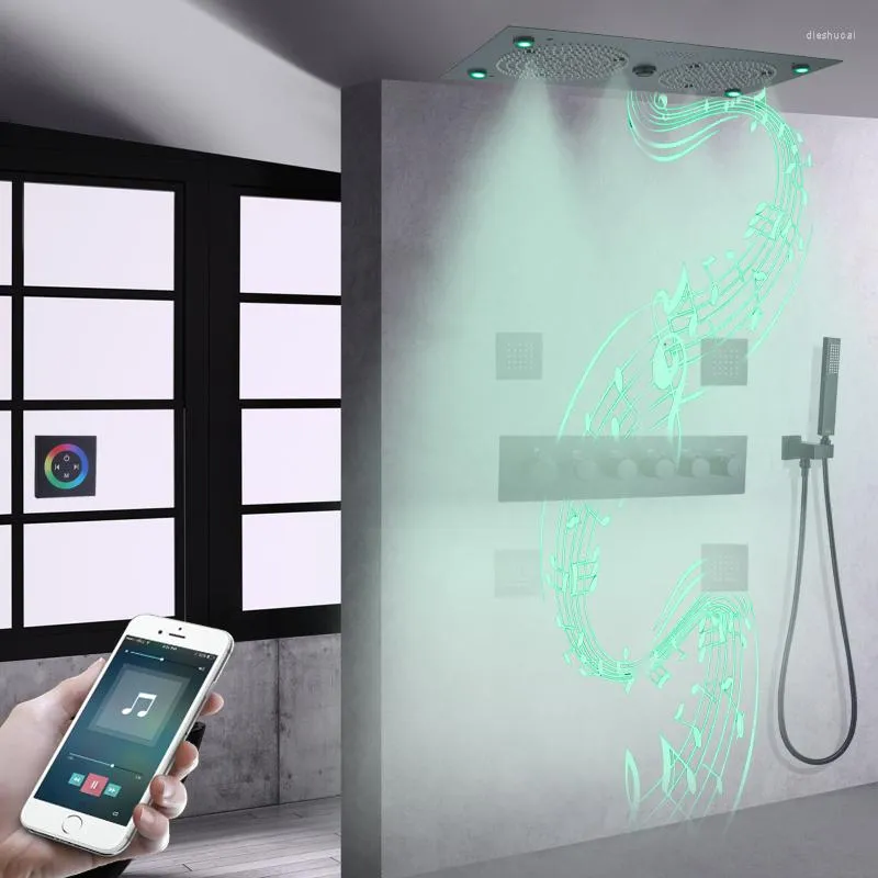 Ensembles de douche de salle de bains Système de musique noir mat Ensemble de robinet de colonne de pluie de brouillard de bain thermostatique LED