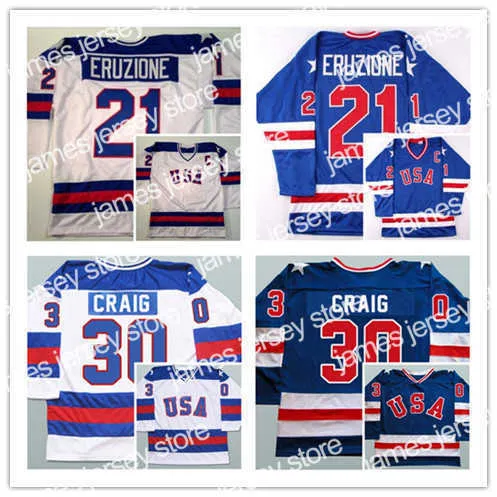 Camisetas de hockey Hombre Retro 1980 EE. UU. Camisetas de hockey sobre hielo 17 Jack Ocallahan 21 Mike Eruzione 30 Jim Craig Sticthed Azul Blanco Tamaño alternativo S-3XL