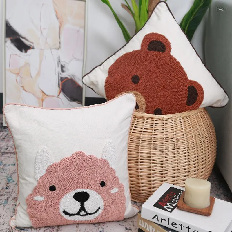 Pillow Tufted Cartoon Animal Embroidered Covers Brown Bear Sofa Bed Chair Car Throw Pillowcase Living Room Home Decor