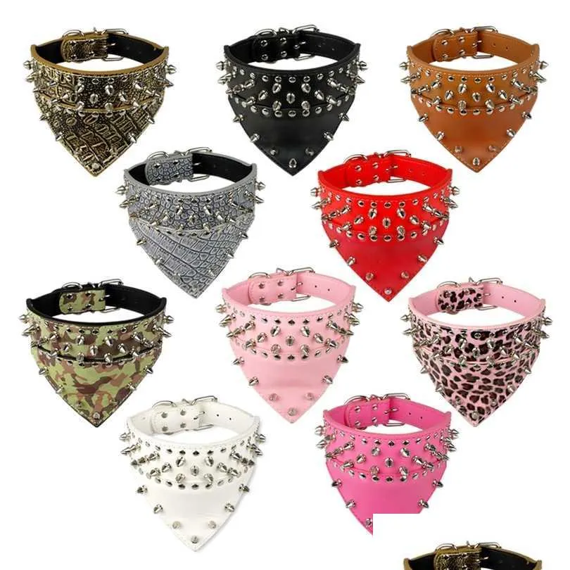 Köpek Tasmaları Tasmalar 2 Geniş Pet Köpek Bandana Tasmaları Deri Çivili Çivili Yaka Eşarp Atkısı Fit For Medium Large S Pitbl Bo Dhonr