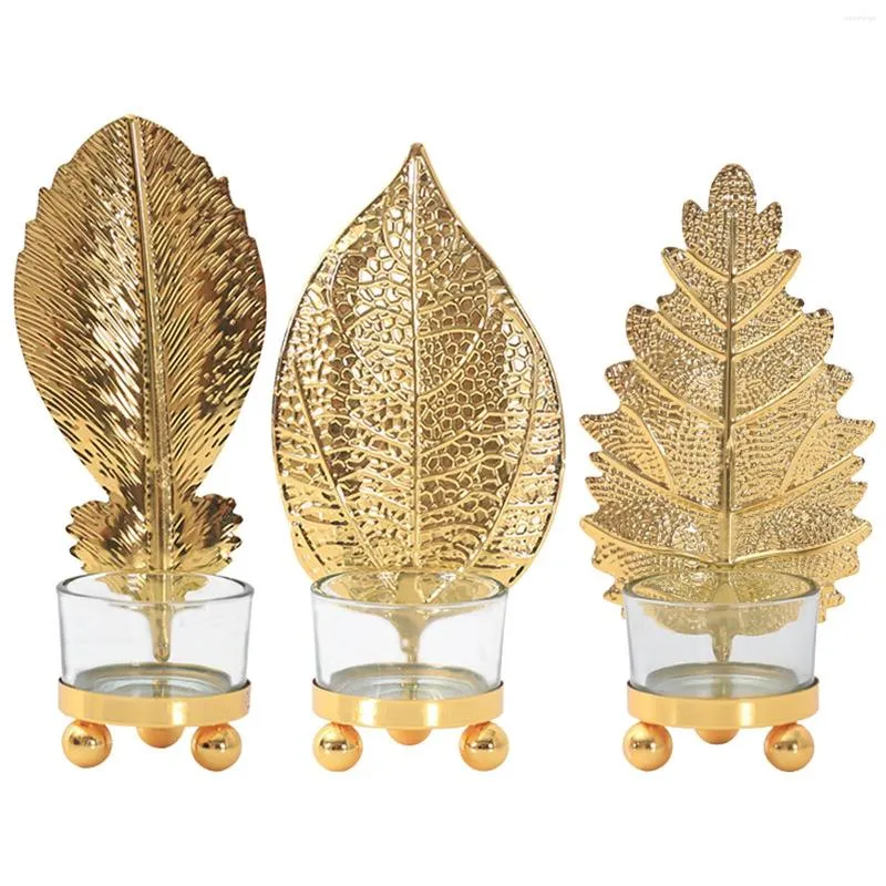 Titulares de vela Golden Leaf Design Stand Stand Candlestick Pillar Stick Sticktop Desktop para festas de aniversário Decoração de festa Ornamento