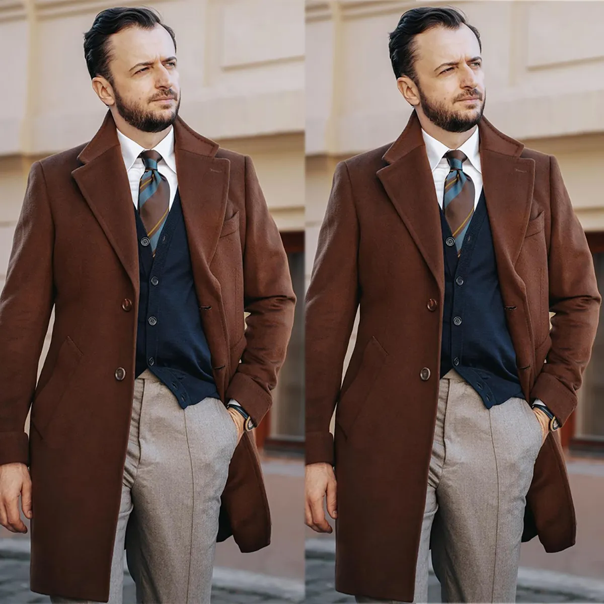 Inverno Uomo Smoking di lana Cappotti Giacca lunga Caffè Sposo Party Prom Coat Business Wear Outfit One Piece