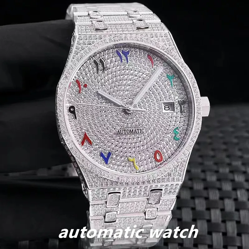 Orologio da uomo con diamanti pieni Orologi meccanici automatici Cinturino in argento da 41 mm in acciaio inossidabile per uomo Orologio da polso impermeabile Orologi da polso alla moda