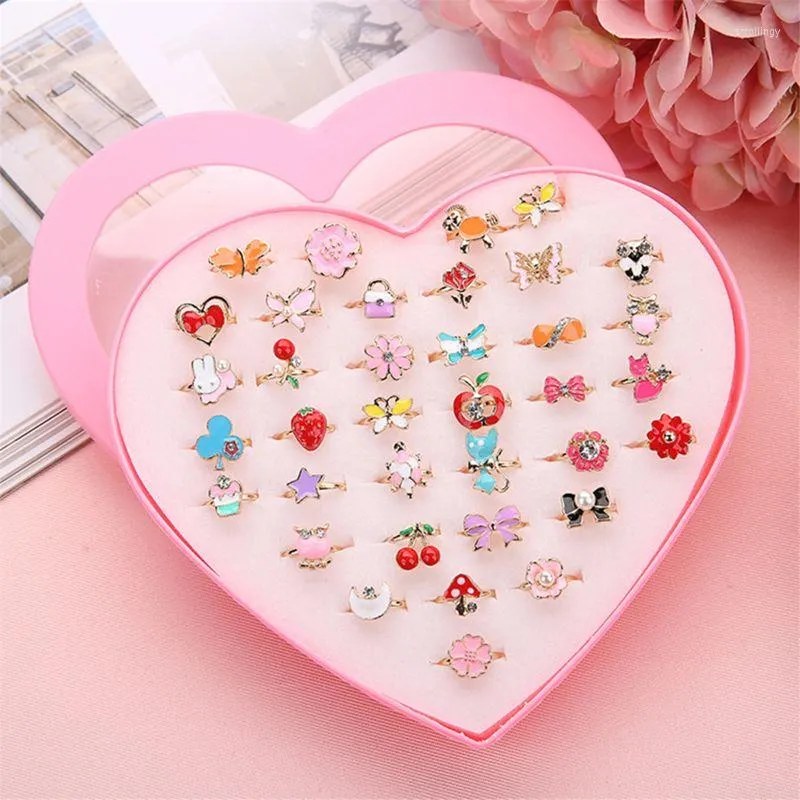 Cluster Rings 36pc Cute Cartoon Kids Kawaii Korean Children Girls Flower Alloy Finger Ring Child Jewelry Gift Adjustable DropShip