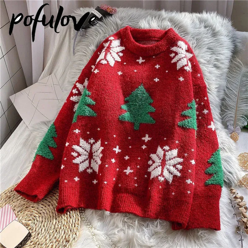 Suéteres de mujer Mujeres Navidad Rojo Jersey Prendas de punto Coreano Flojo Fluffy Top Tendencia Otoño e Invierno Lazy Wind Cuello redondo 221027