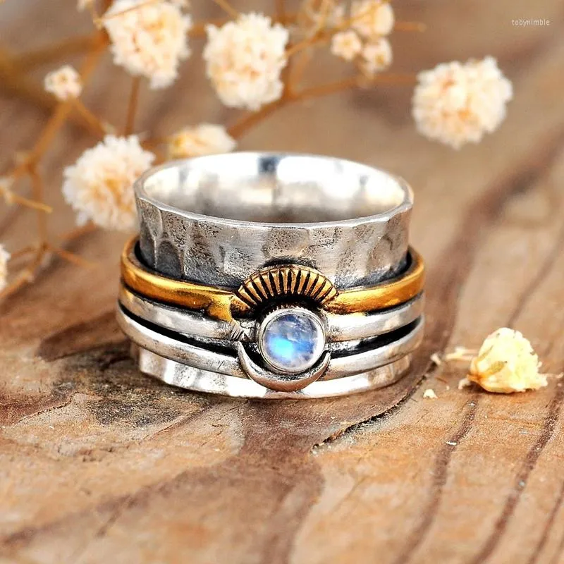 Cluster ringen eenvoudige tweekleurige maan zirkoon turnable wijd voor vrouwen ring vintage boho -stijl dames zomer strandfeestje