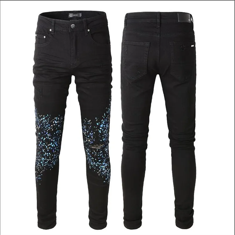 Мужские дизайнерские джинсы расстроенные разорванные байкерские байкерские мотоциклетные байкеры Джинсовый для мужчин модные мужчины Черные брюки Pour Hommes#310