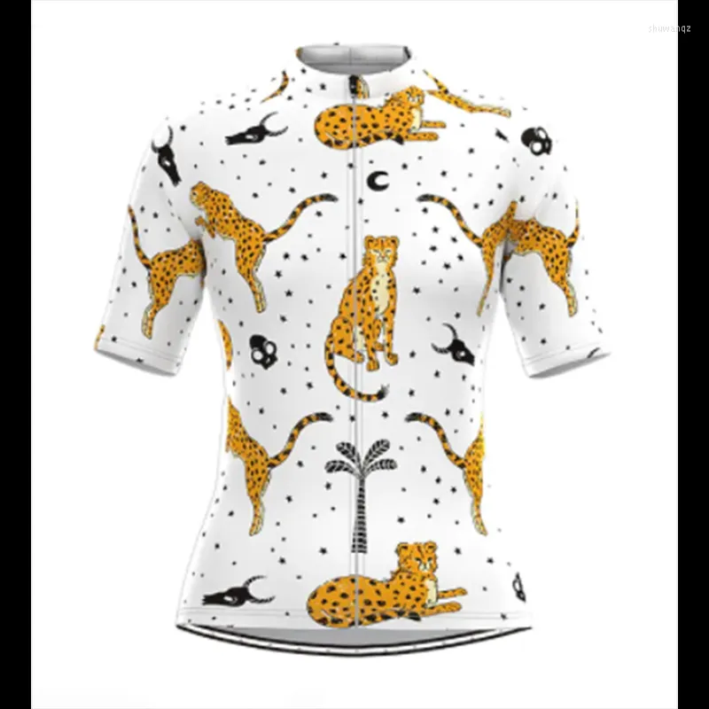 Racing Jackets Women's Short Sleeve Cycling Jersey White Leopard Bike Top Mountain MTB Road Breathable Quick Dry Sports Clothing