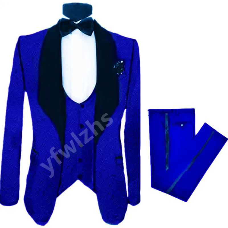 Custom Made Royal Blue Groom Tuxedo Embossing Men Suits Shawl Lapel