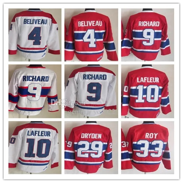 Män vintage klassisk Montreal Hockey Jerseys 10 Guy Lafleur 4 Jean Beliveau 9 Maurice Richard 29 Ken Dryden 33 Patrick Roy Retro CCM Uniformer Ed