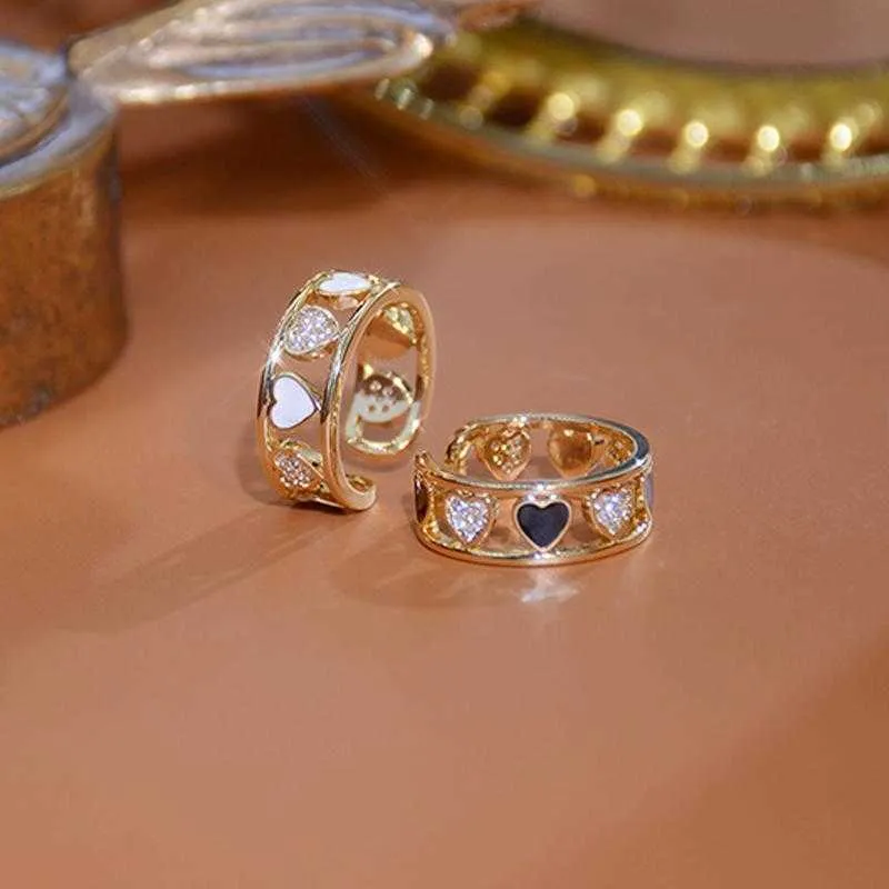 Anelli a grappolo Temperamento coreano 14k REAL Gold Hollow Heart Ring per donne Simple carino amore CZ Lady Wedding Jewelry Bague Accessori Bague