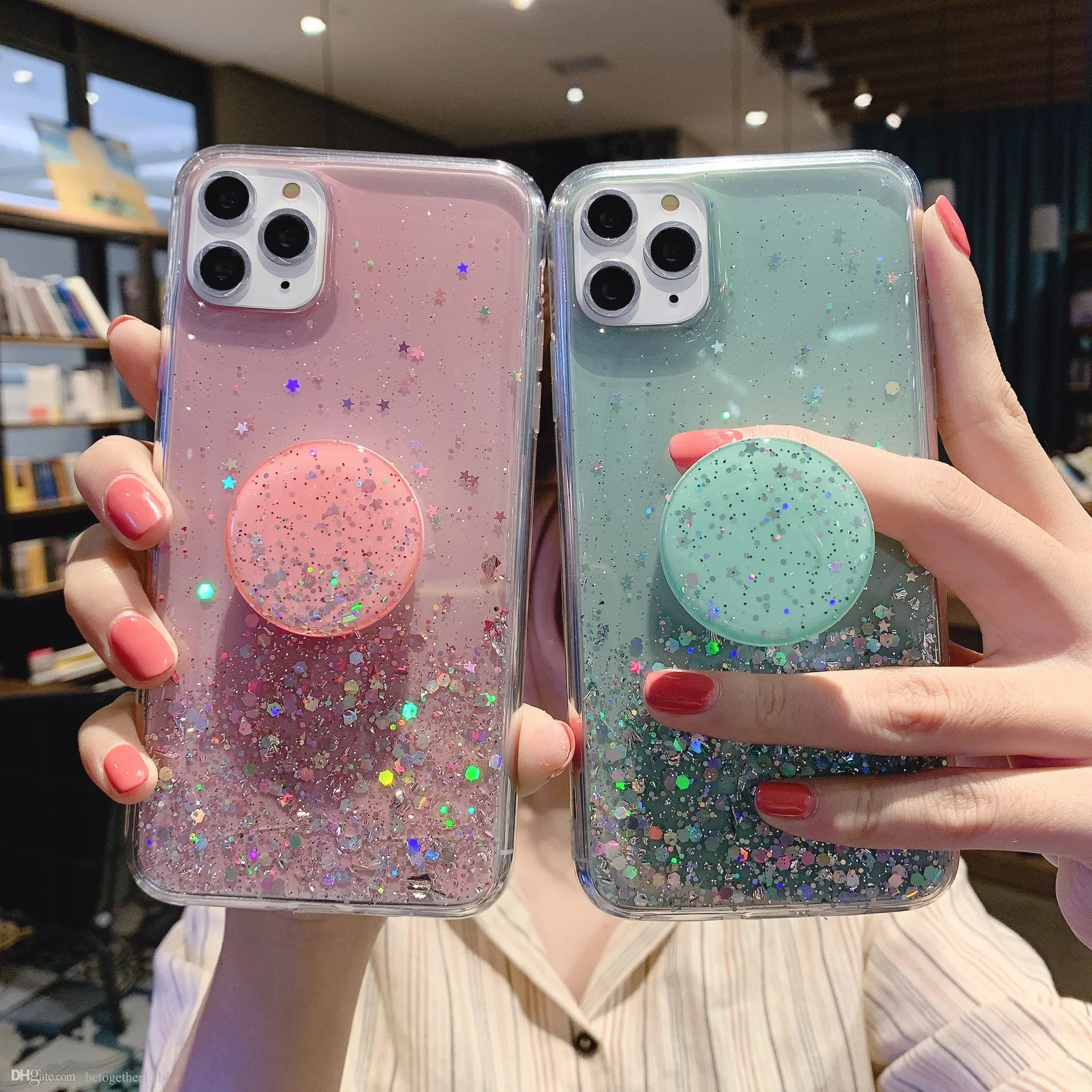 Glitter Holder Telefoonhoesjes voor iPhone 14 13 11 Pro Max 12 13 Mini 6 7 8 Plus X XS XR XSMAX TPU Clear Silicone Glitter Pink Women Case