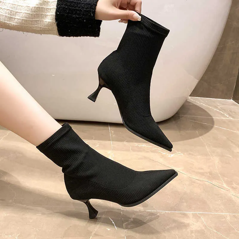 Сапоги, сексуальные носки, вязаные эластичные туфли на высоком каблуке для женщин, модная обувь, весна-осень, женские ботильоны с острым носком, черный Y2210