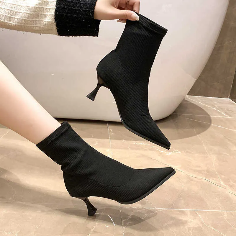 Boots Sexy Sock Knitting Stretch High Heels for Women Fashion Shoes Spring Autumn Pointed Toe Female Ankle Black Y2210