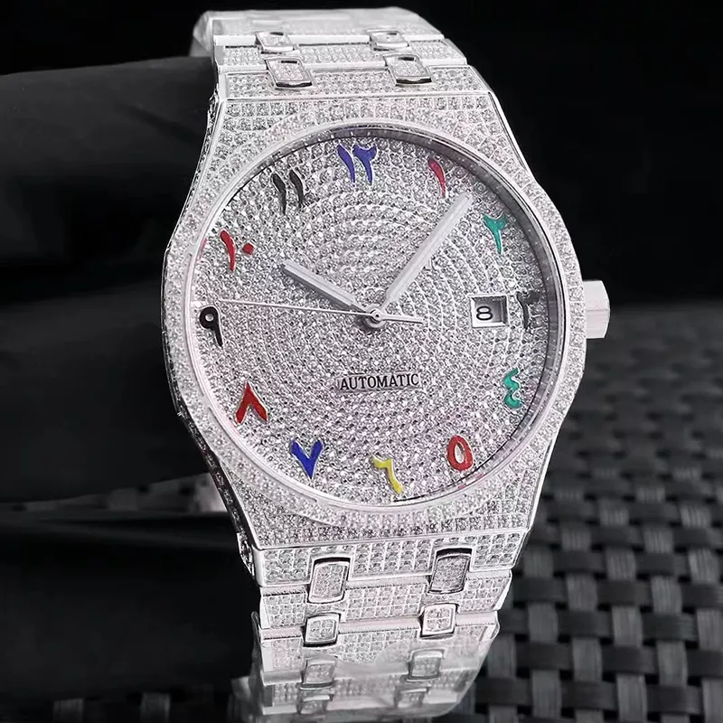 20222 Пробуренные мужские часы Автоматические механические часы 41-мм инкрустированные бриллиантами из мелких стальных браслетных браслетов Montre de Luxe