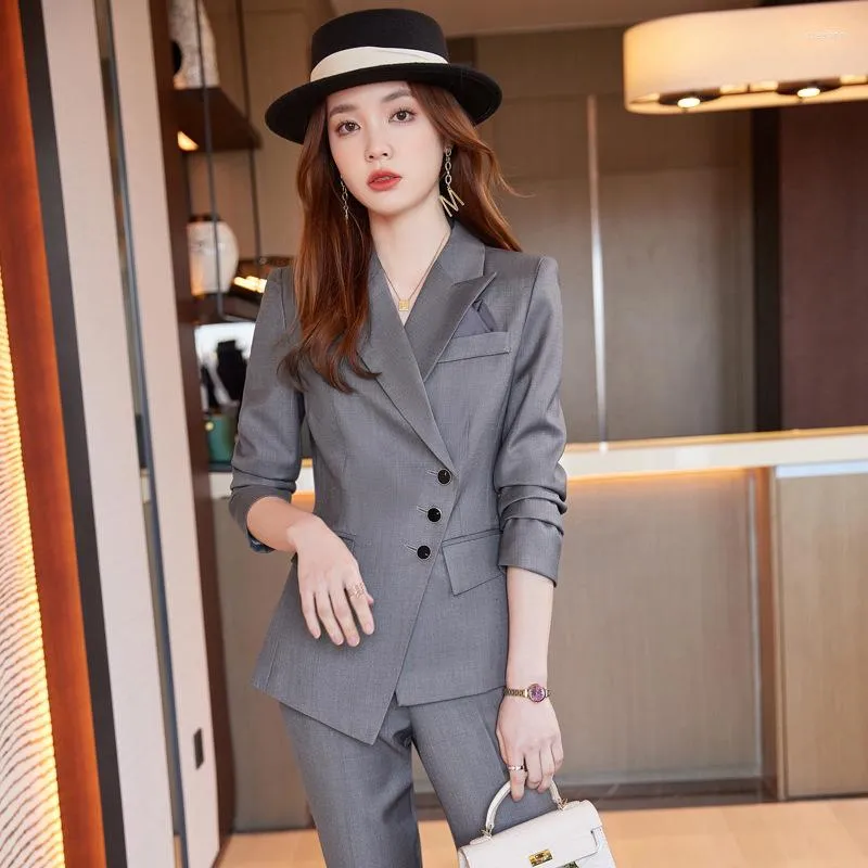 Women's Two Piece Pants Women Blazer Suit Set 2 Pieces Double Breast Bussiness Office Ladies Formal Wear Grey Khaki Color For Autumn Winter