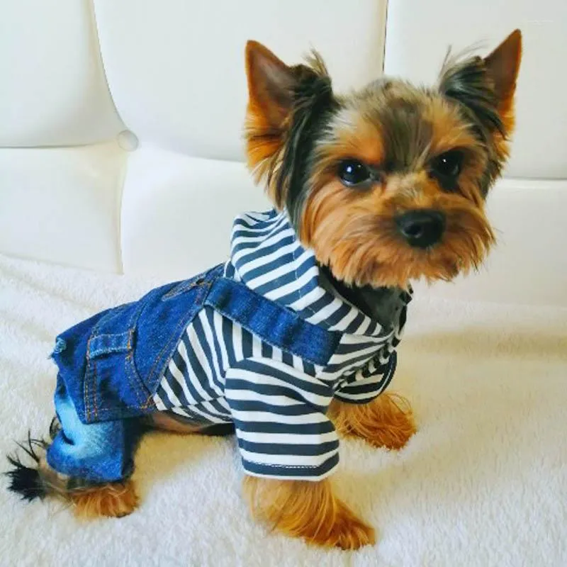 Dog Apparel Denim Jacket Stripe Jumpsuit Fashion Cowboy Suit Chihuahua Jeans Vest Spring Rompers Clothes For Pugs Yorkshire Poodle