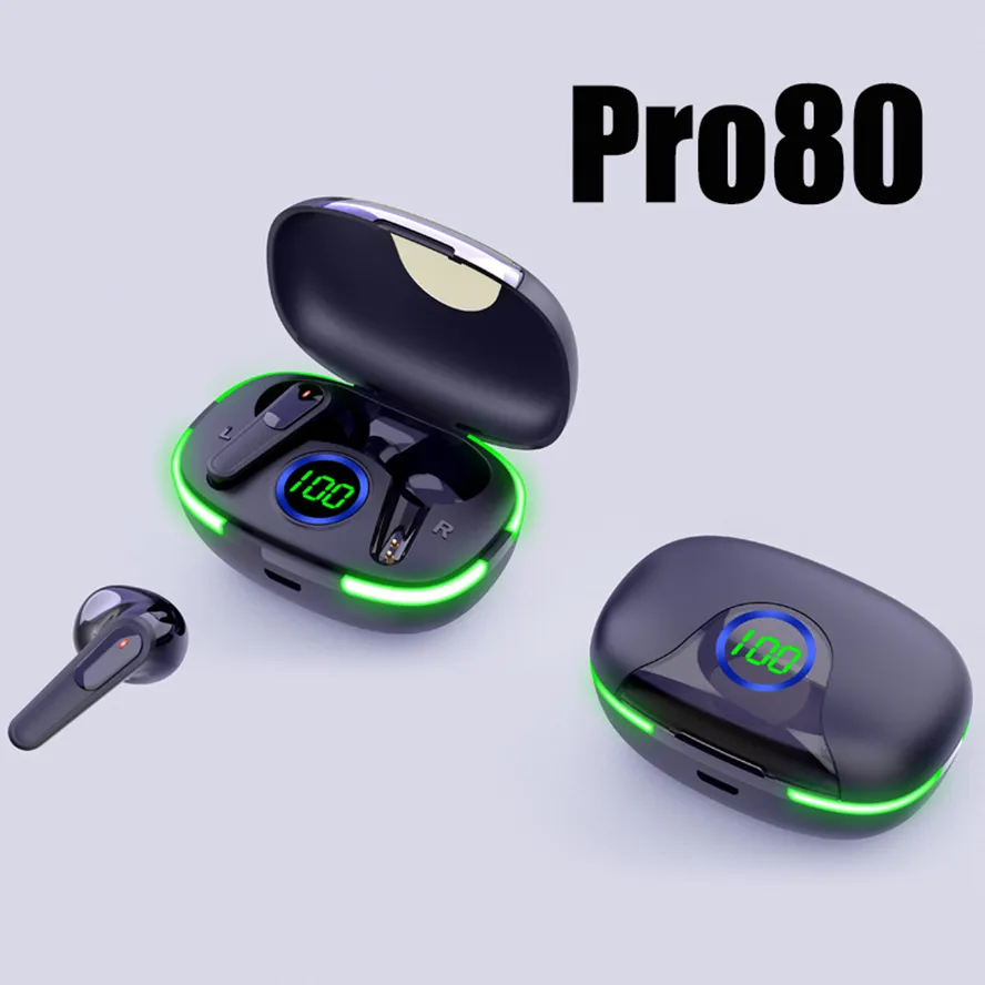 PRO80 LED Digital Display Pro60 TWS EARPHONES COOL Light Flash Wireless Bluetooth 5.1 Headset Gaming H￶rlurar Earskydd med mikrofon f￶r all telefon