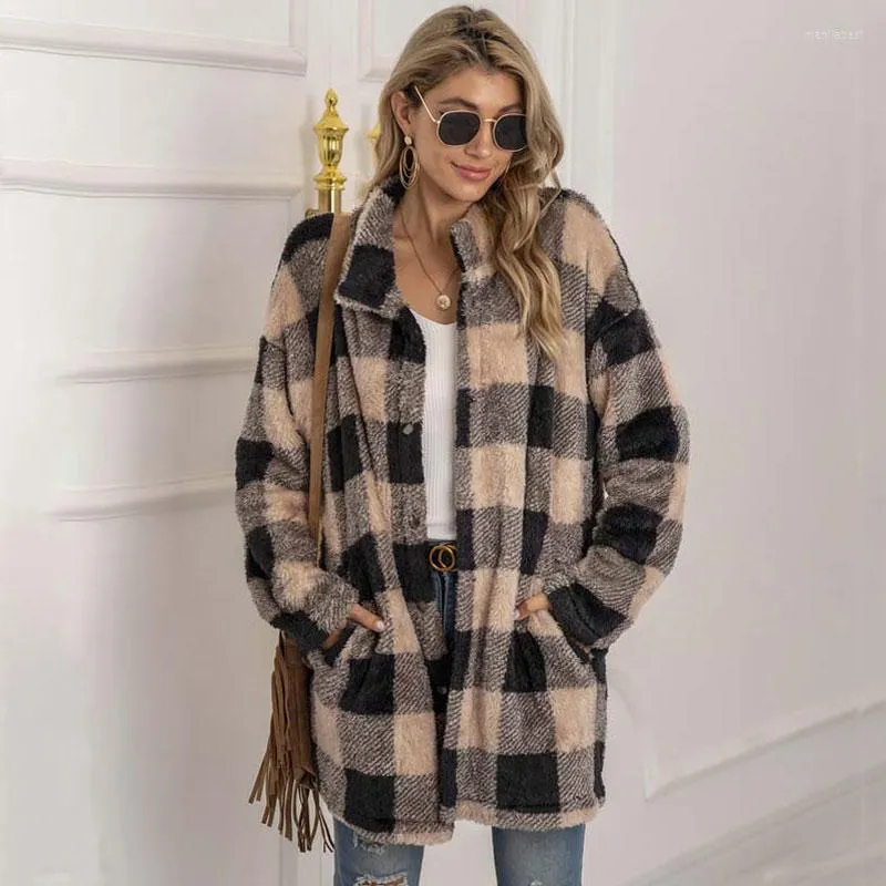 Women's Fur Long Faux Coat Women Plaid Jacket Winter Sleeve Fluffy Teddy Ladies Warm Plush Female