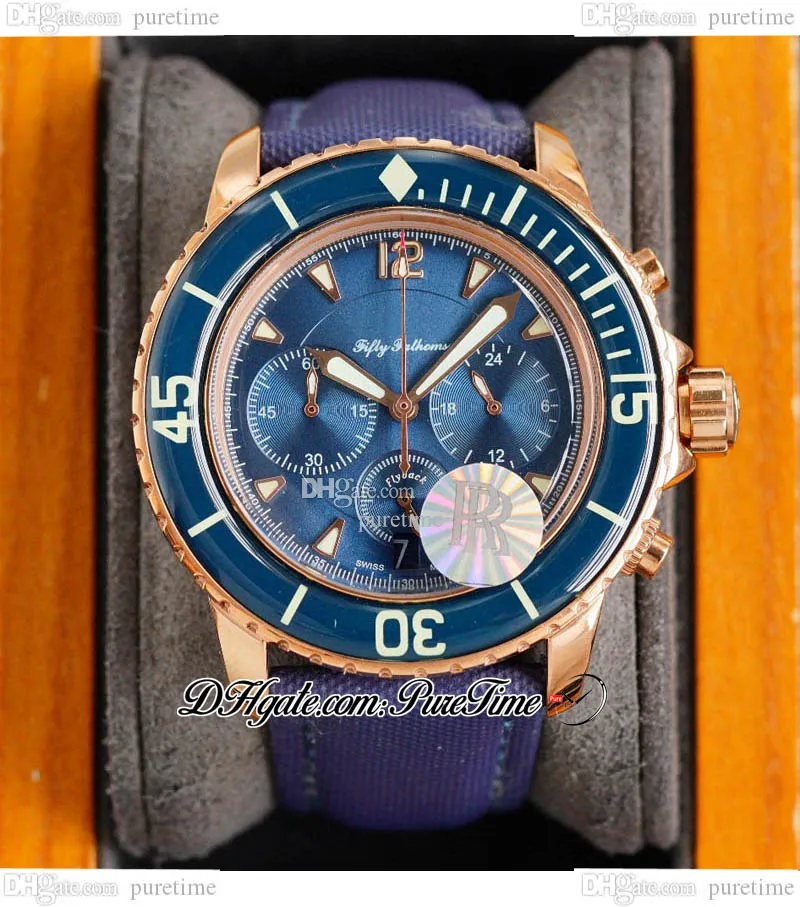 RF Fifty Fathoms 5085 Quarz-Chronograph Herrenuhr Roségold Blau strukturiertes Zifferblatt Nylonarmband Stoppuhr Uhren Puretime B2