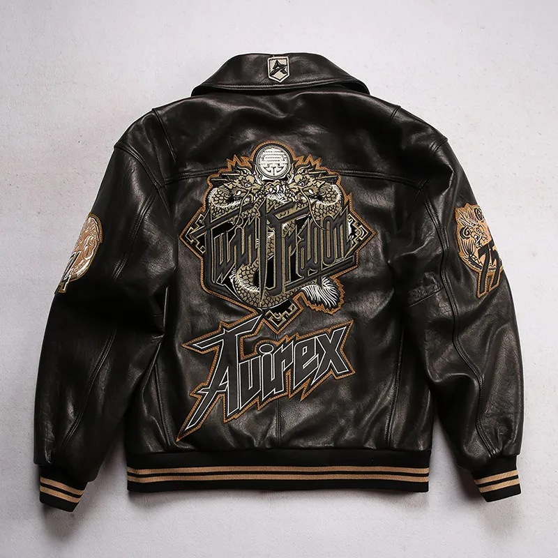 Bomber Jacket Twin Dragons Jackets Double Happiness Sheepskin Leather Foam Texture Avirex Embroidery Versized Coats Genuine 4383