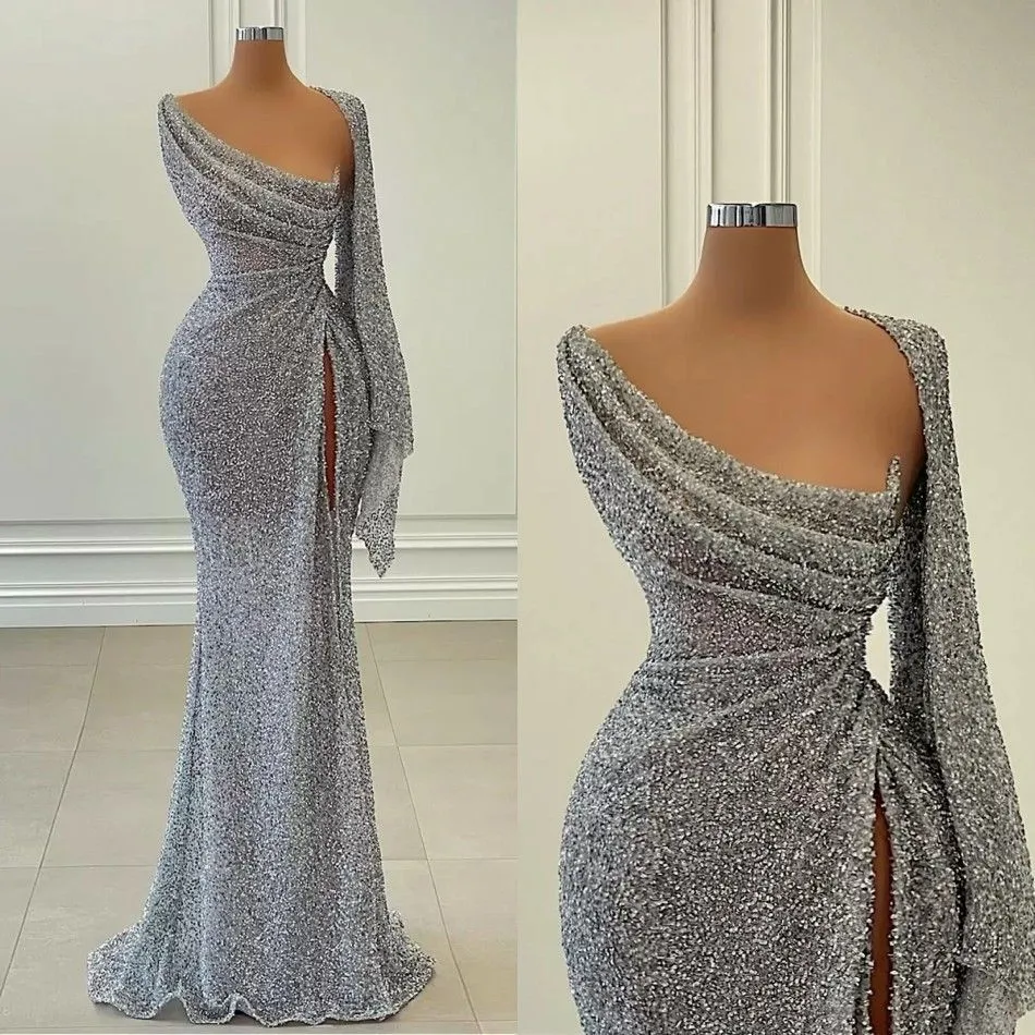 Silver Sequined Mermaid Prom Dresses Beaded High Side Split Scoop Neck Evening Wear Formal Party Gowns