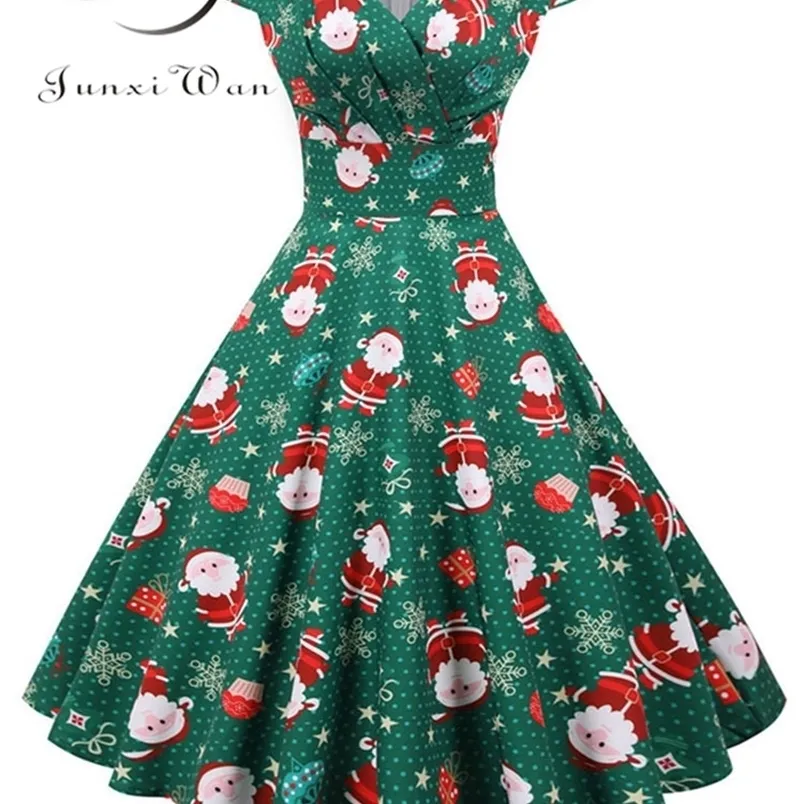 Casual Dresses Christmas Party Dress Women Short Sleeve V Neck Elegant Vintage Print Xmas Year Prom Sundress 3XL Robe 221027