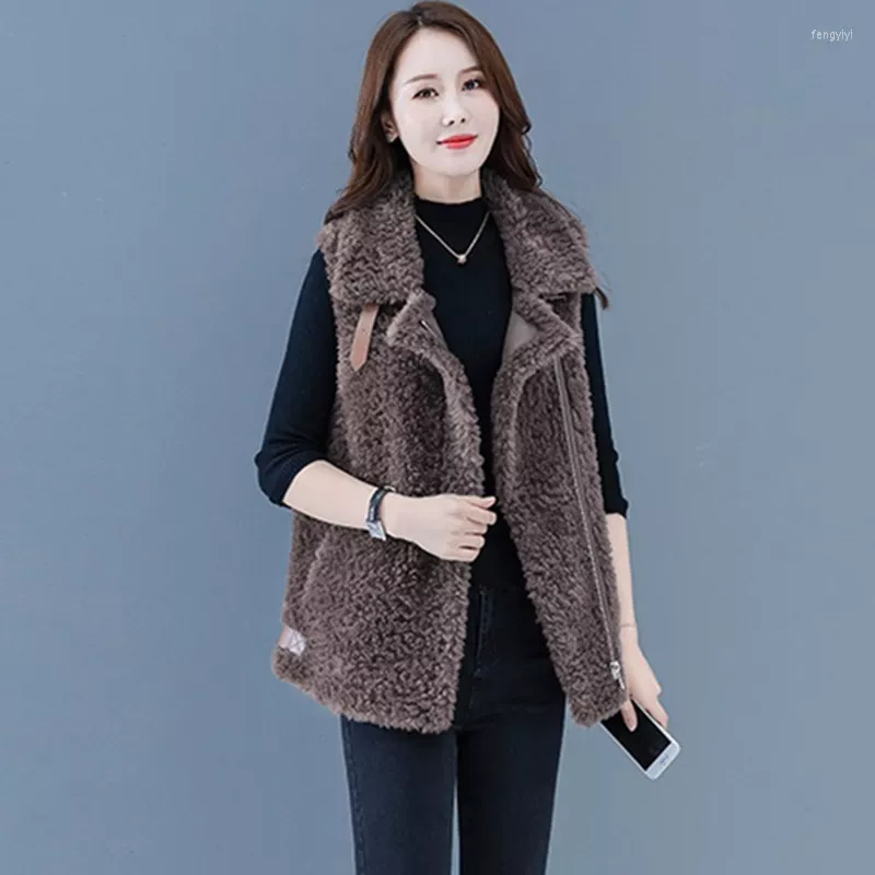 Women's Fur Lambswool Autumn Winter Vests For Women Fashion Pocket Zipper Sleeveless Jacket Female Thick Wild Big Size Top