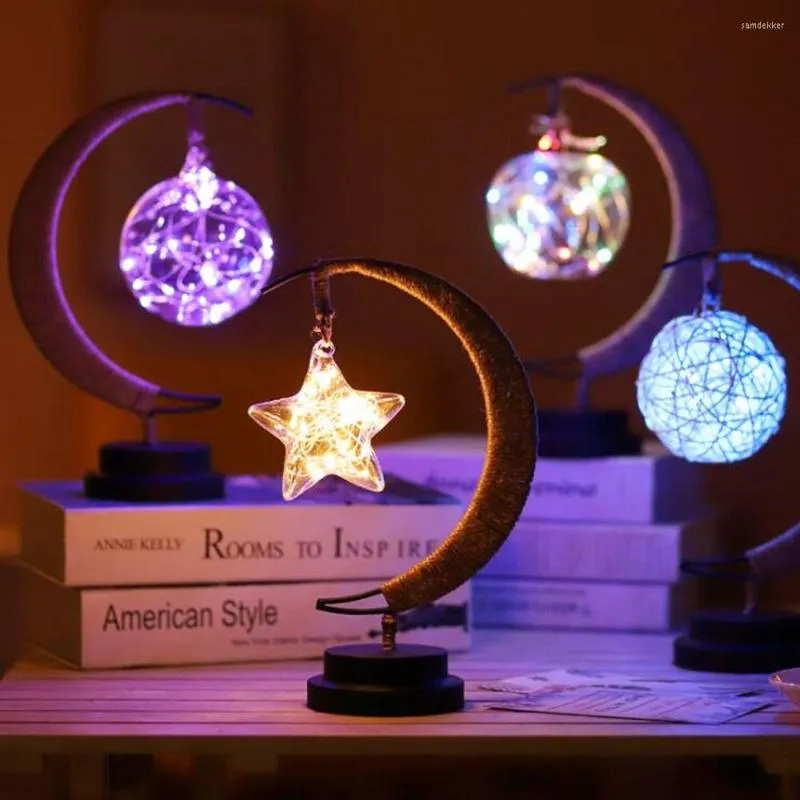 Strings Stars Moon Apple Sepak Takraw LED Night Lamp USB/Battery Handmade Rope Wrought Iron Light Christmas Gift Table